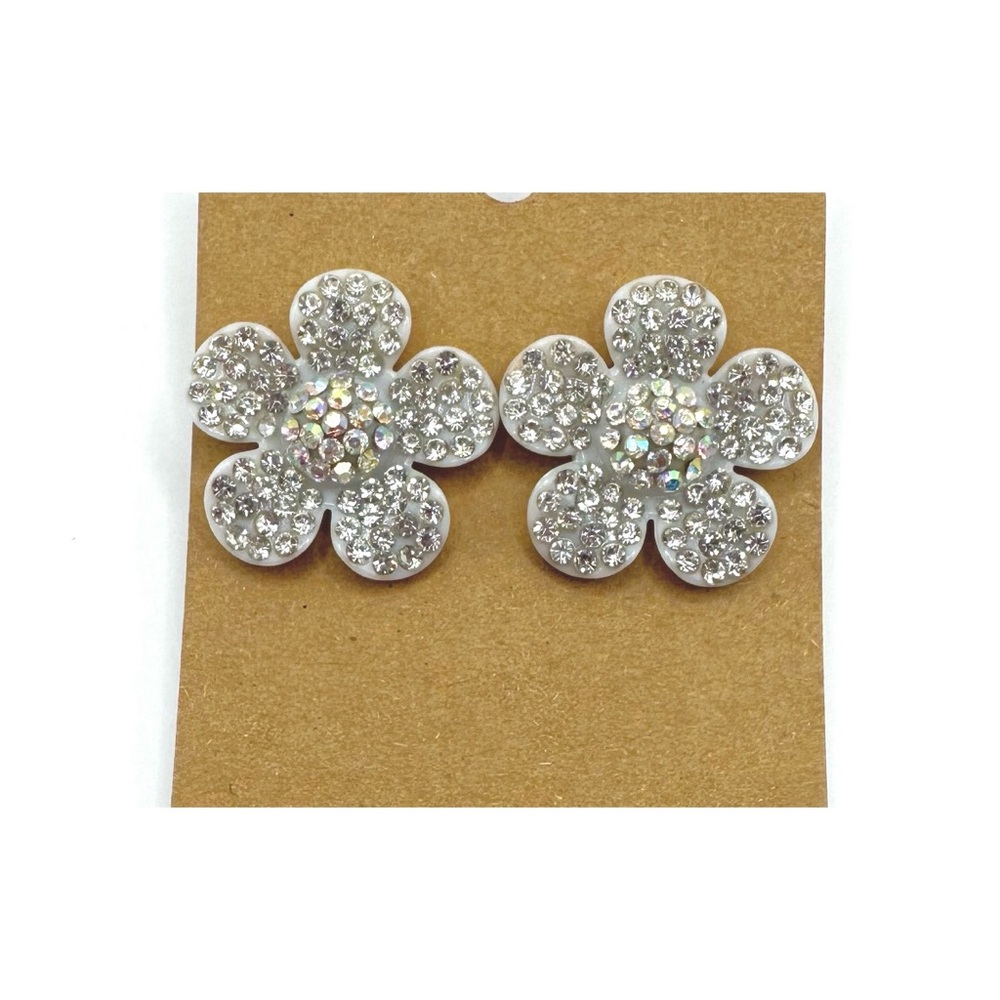 Floral Embellished White Rhinestone Earrings